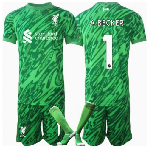 Fotballdrakt Barn Liverpool Alisson Becker #1 Keeper Bortedraktsett 2024-25 Kortermet (+ Korte bukser)